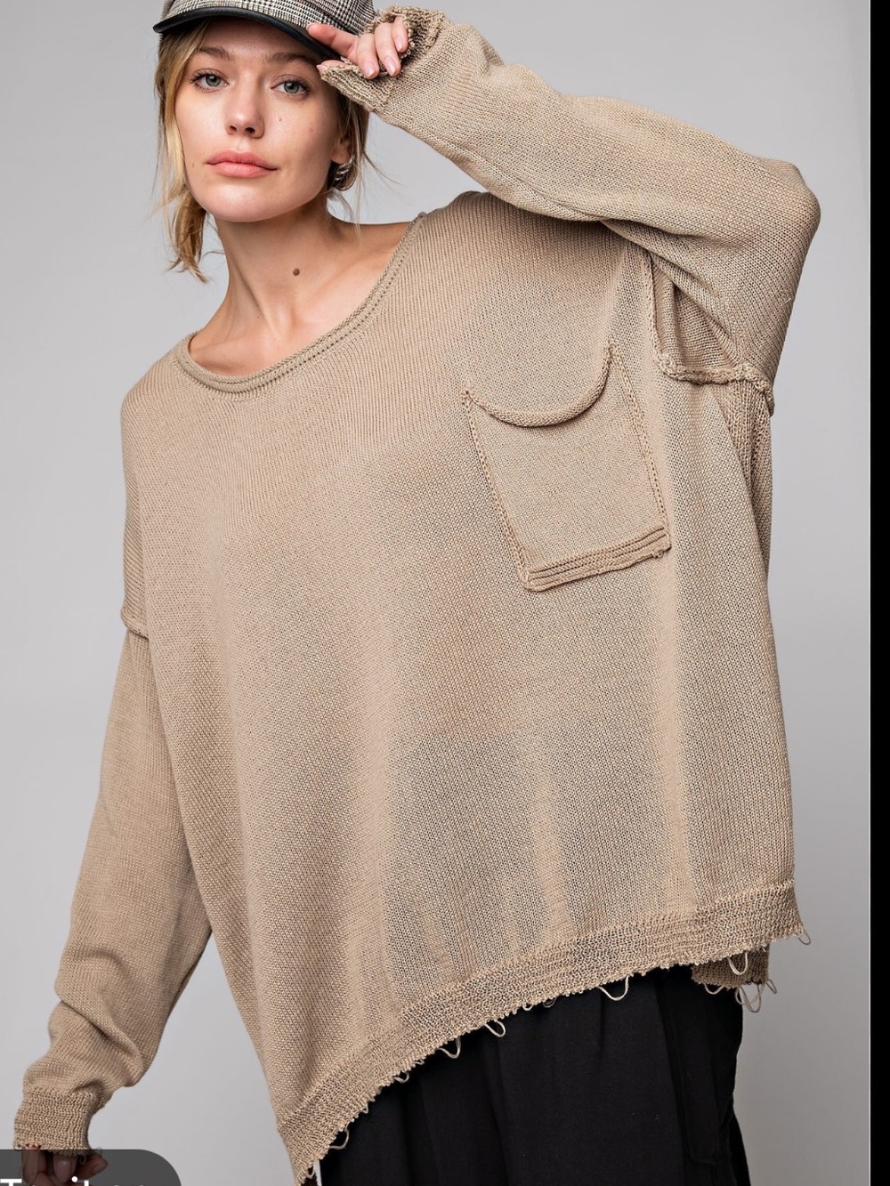 Easel nwt Relaxed Semi-Sheer Knit Pocket Sweater — Mushroom oversized medium